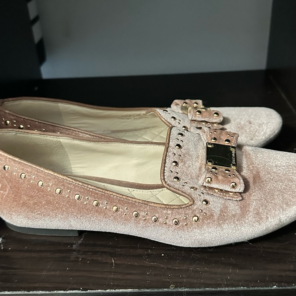 Cole Haan Blush Velvet Studded Bow Loafers